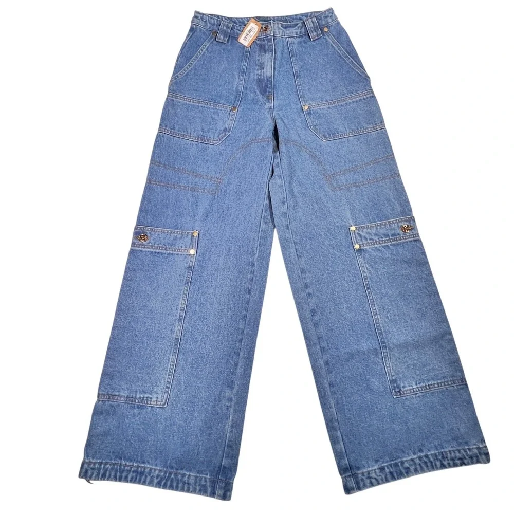 Callie Cargo Jeans Women L Blue Medium Wash Wide Leg Utility Bungee Hem Gorpcore - Picture 2 of 14